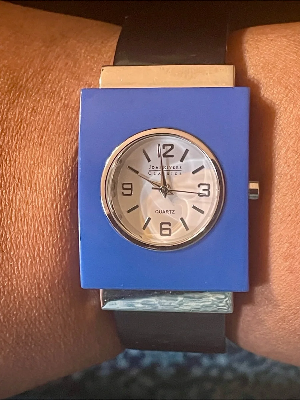 Joan Rivers Classic Blue Acrylic Square Dial Quartz Watch w/Black Clamper Band